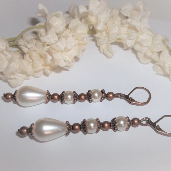 Long White Faux Pearl Earrings Rustic Copper Boho Bohemian Victorian Style 6928 - Picture 4 of 8